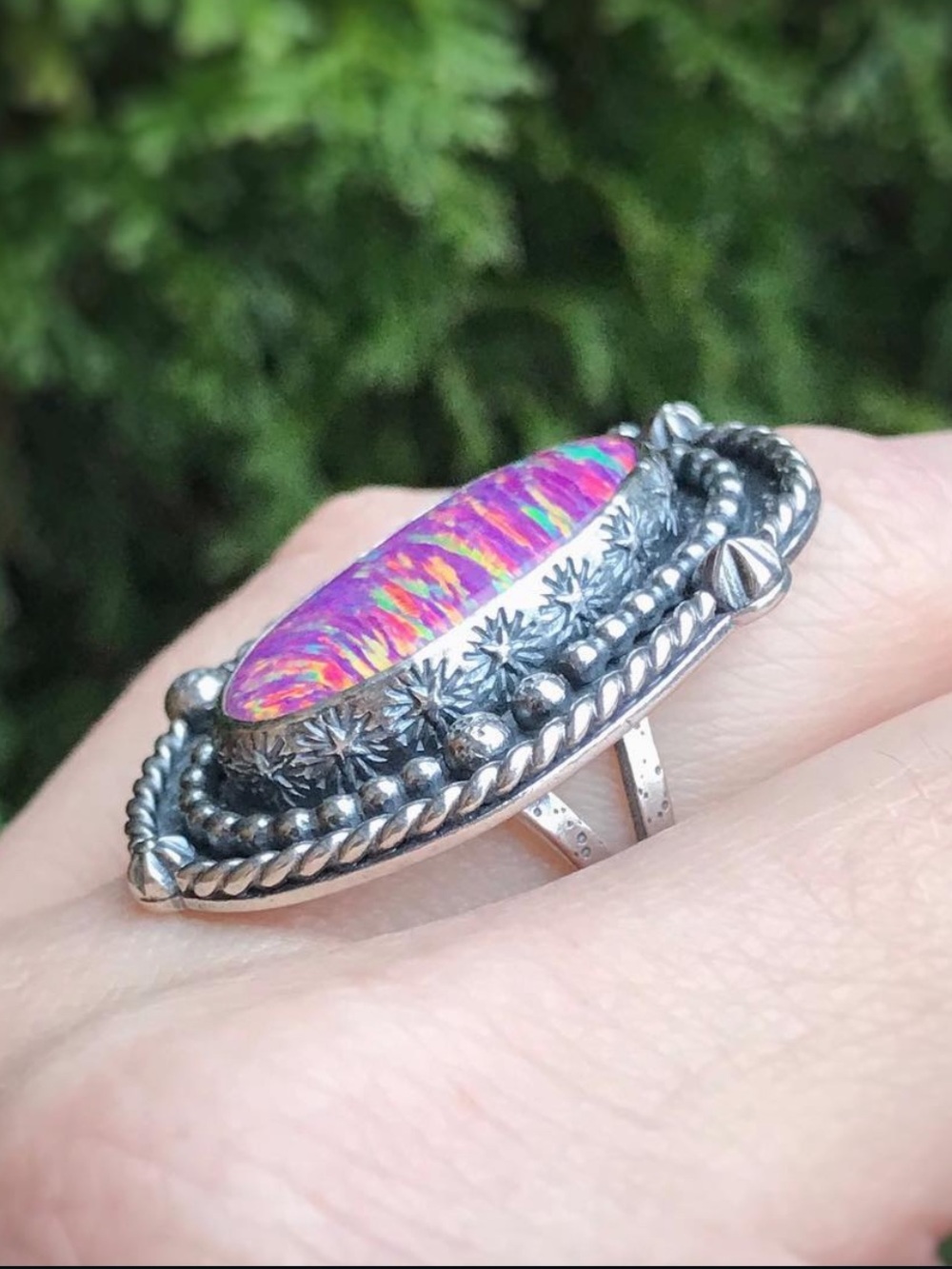 Blue and Blue Artisan Sterling Silver Pink Aura Opal Cosmos Star Statement Ring - Picture 2 of 16